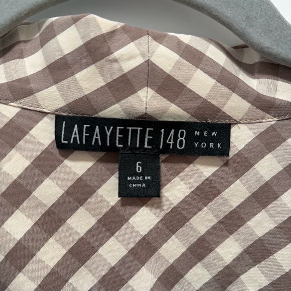 Lafayette 148 Gingham Button Down Blouse size 6 Taupe Cream Roll Tab Long Sleeve - Picture 4 of 12